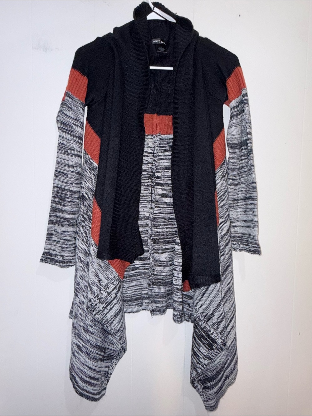 Wet Seal Y2K Colorblock Hooded Draped Cardigan Sweater Black Orange Marled L